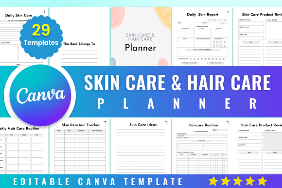 Editable Skin Care Hair Care Planner for KDP Canva Template